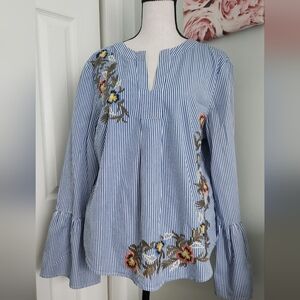 Caslon Blue Striped Blouse with Floral Embroidery